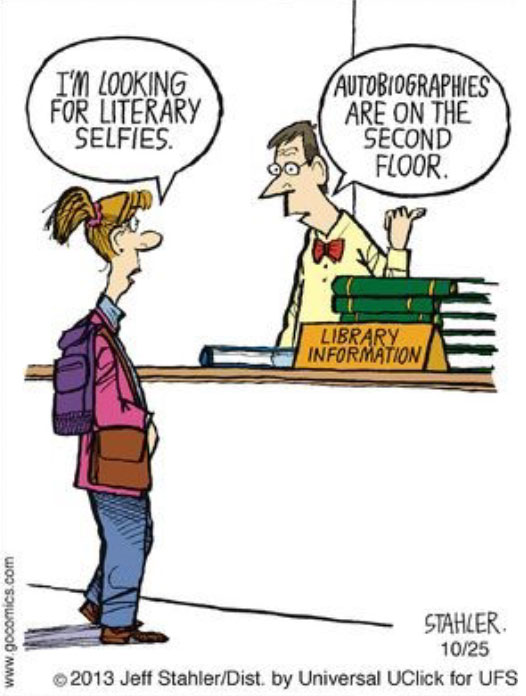 A cartoon about a library with a woman and man standing there. 